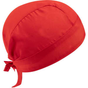 A red bandana with a tie at the back, designed for headwear use. It features a smooth texture.