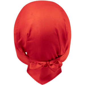 A red bandana with a tied bow at the back, made from smooth fabric. It features a logo on the side.