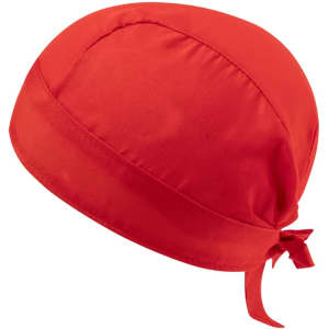 A red bandana with a tied back design, made from smooth fabric and suitable for headwear.