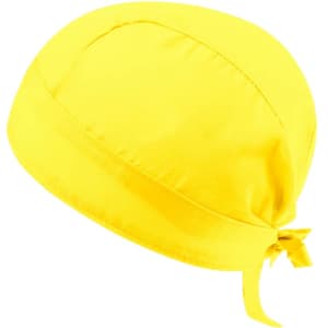 A yellow bandana with a tying feature, designed as headwear. Features a simple, solid colour design.