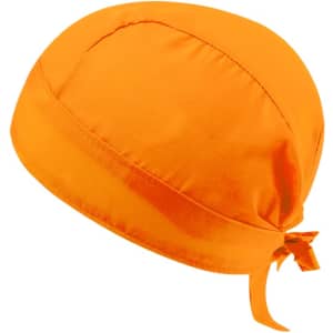 An orange Garfy Bandana with a tied back design, made from a smooth fabric. It features a logo.