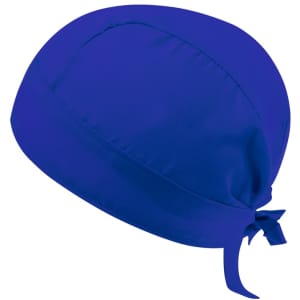 A blue bandana with a tied back design, suitable for headwear use. Features a simple, smooth fabric.