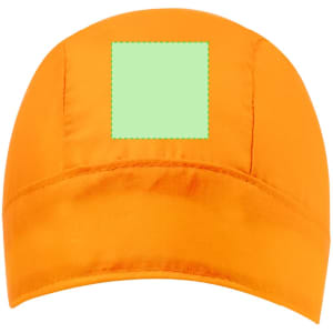 An orange bandana with a square patch for customization, featuring a smooth fabric texture.