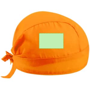 An orange bandana with a tied back and a blank rectangular area, featuring a logo or branding.