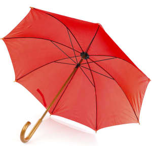 A red umbrella with a curved wooden handle and a black framework. Featuring a branded logo.