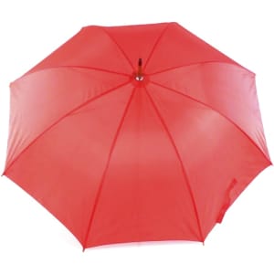 A red umbrella with a round canopy and a central pole, featuring a simple design and a branding logo.