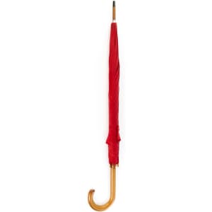 A red umbrella with a wooden handle, featuring a curved hook end and a sleek, closed design.