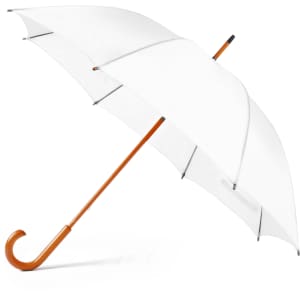 A white umbrella with a brown curved handle and a branding logo.