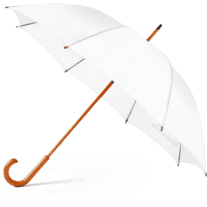 A white umbrella with a wooden handle, featuring a curved design for easy grip.