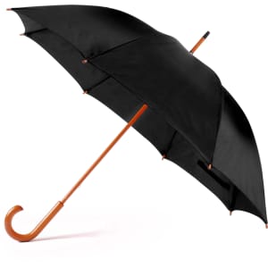 A black umbrella with a wooden handle and orange accents, featuring a curved hook grip and a logo.