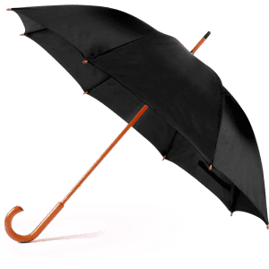 A black umbrella with a wooden handle and curved tip, featuring a logo on the fabric.
