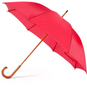 A red umbrella with a wooden handle and a curved hook tip, featuring a branding logo on the fabric.