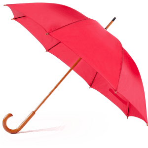A red umbrella with a wooden handle and a curved grip, featuring a branding logo.