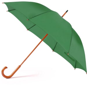 A green umbrella with a wooden handle and a curved end, featuring a logo.