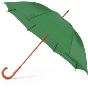 A green umbrella with a wooden handle, featuring a curved design and a logo on the canopy.