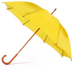 A yellow umbrella with a wooden handle, featuring a classic curved shape and a solid canopy design.