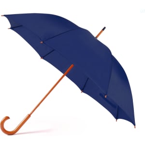 A navy blue umbrella with an orange handle, featuring a logo on the canopy.