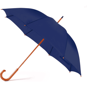 A navy blue umbrella with a wooden handle and a curved end. It has a logo displayed on it.