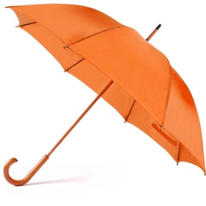 An orange umbrella with a curved handle and a simple design, featuring a branding logo.