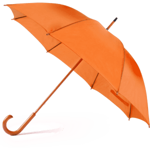 An orange umbrella with a curved wooden handle and a smooth canopy, featuring a branding logo.