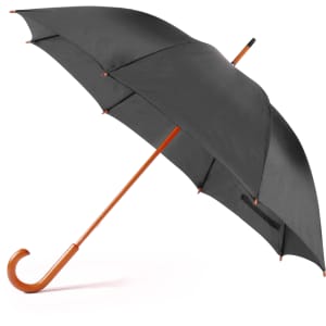 A black umbrella with a curved wooden handle and an attached logo. It features a classic design for leisure use.
