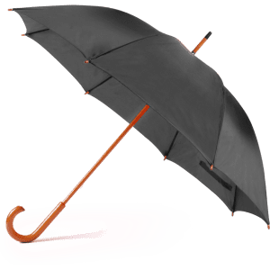 A black umbrella with a wooden handle and curved tip, featuring a logo on the fabric.
