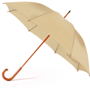 A beige umbrella with a wooden handle and a curved tip. It features a simple design and has a logo.
