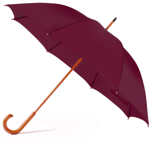 A burgundy umbrella with a wooden handle and a curved tip, featuring a branding logo.