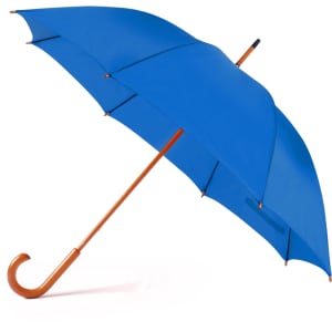 A blue umbrella with a wooden handle and curved tip. It features a branding logo on one side.