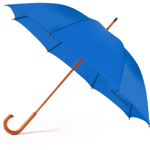 A blue umbrella with a wooden handle and curved end, featuring a branding logo.