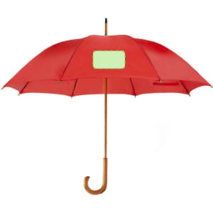 A red umbrella with a wooden handle and a logo displayed on the canopy.
