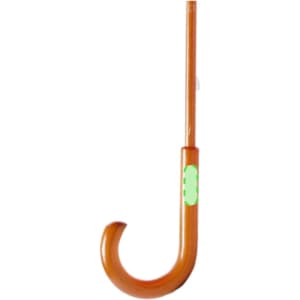 An orange umbrella with a curved handle and a logo on the shaft, designed for leisure and outdoor use.