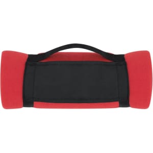 A red and black blanket with a roll-up design and a convenient carrying handle.