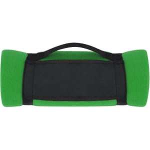 A green mountain blanket with a black handle on top, featuring a soft fleece texture and a simple design.