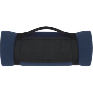 A blue and black mountain blanket with rounded edges and a central handle for easy carrying.