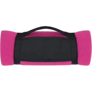 A pink and black mountain blanket with a handle for easy carrying. Features a soft texture and a simple design.