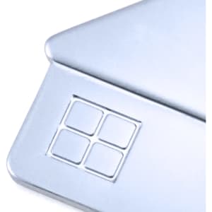 A silver keyring shaped like a house with a window design, featuring a logo.