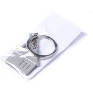 A silver keyring with a key-shaped pendant, packaged in a clear plastic pouch. The pendant features a logo.