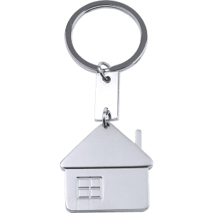 A silver keyring shaped like a house, featuring a window and a chimney. It includes a metal loop for attachment.