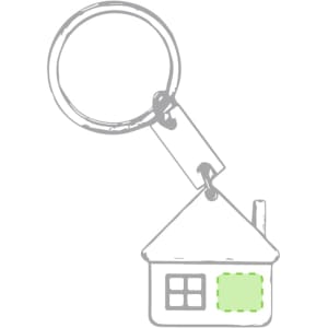 A silver keyring featuring a house-shaped charm with a green accent. The keyring has a simple design and includes a logo.