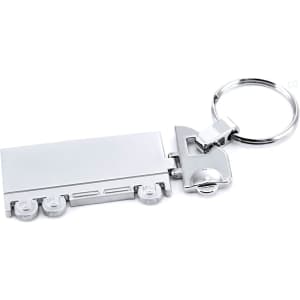 A silver trailer-shaped keyring with a hook attachment and a circular keyring loop.