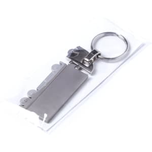 A metallic trailer keyring featuring a sleek design and attached keyring, enclosed in a clear plastic packaging.