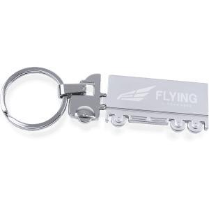 A silver trailer-shaped keyring with a circular attachment and a logo.