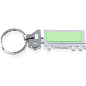 A silver keyring shaped like a truck with a green rectangular section and a keyring attachment.