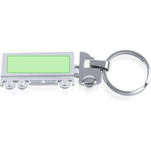 A silver trailer keyring featuring a green panel. The keyring has a circular attachment.