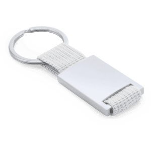 A silver keyring with a fabric loop, featuring a rectangular metal attachment and a circular keyring.
