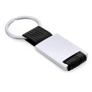 A keyring featuring a sleek silver attachment with a black woven strap. Includes a standard keyring loop.