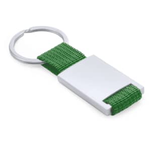 A green fabric keyring with a silver metal tag attached to a keyring loop.
