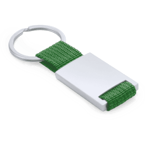 A green fabric keyring with a silver metal clip and ring. It features a simple design.