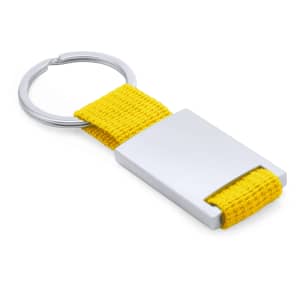 A yellow keyring featuring a rectangular metal pendant and a silver keyring attachment.